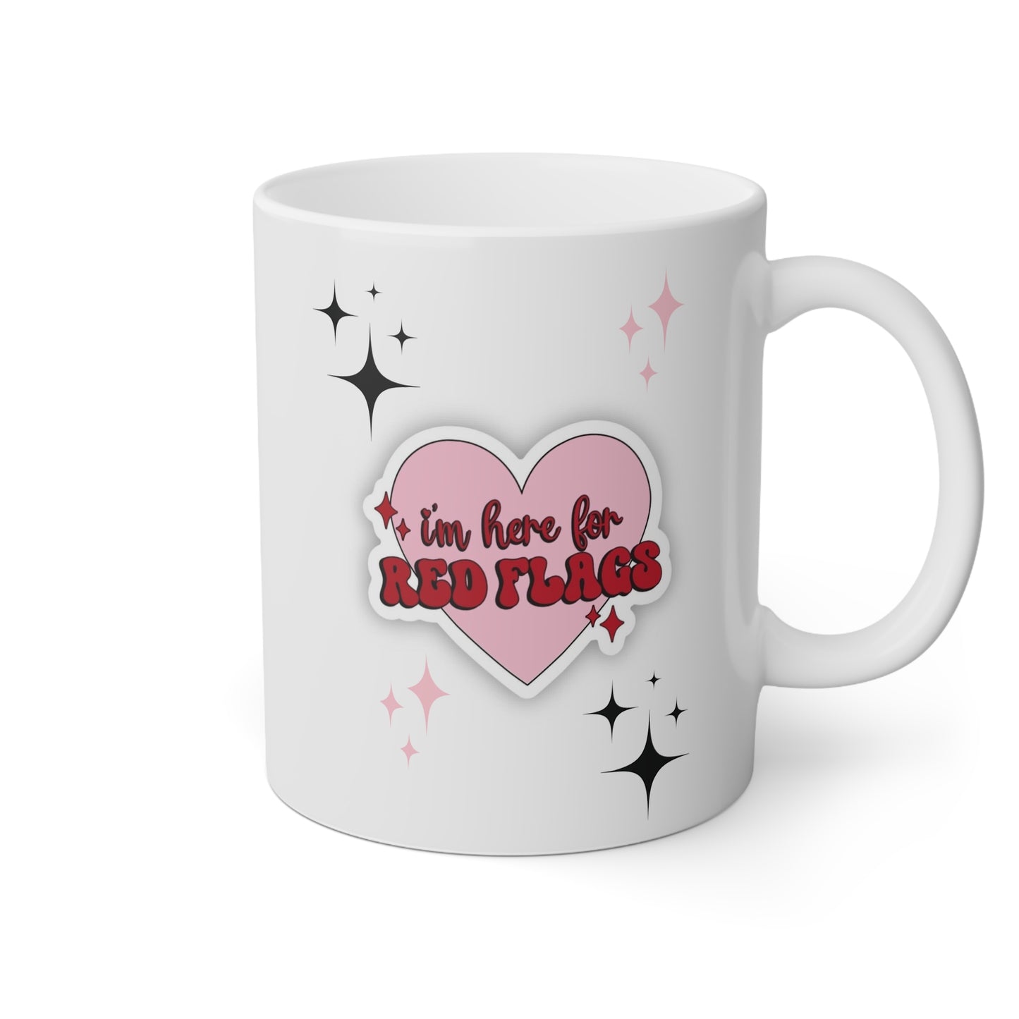 Funny "Here for Red Flags" Coffee Mug - 11oz White Ceramic Cup for Humor Lovers